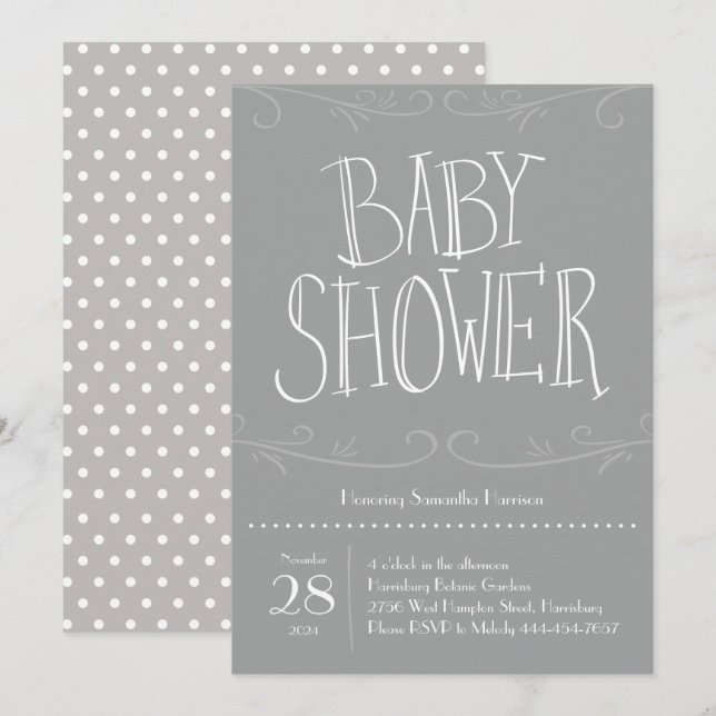 Invitación Gris Polka Dot Baby Shower Gray Modern (Anverso / Reverso)