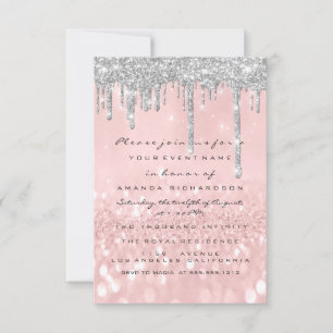 Invitación Gris Purpurina gotea Rosa de plata dulce de novia 