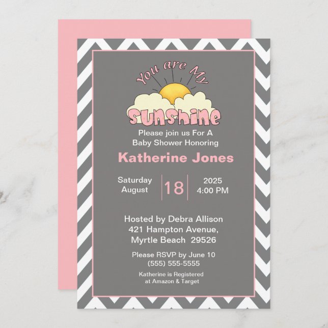 Invitación Gris Rosa Eres Mi Baby Shower Sunshine (Anverso / Reverso)