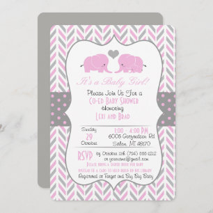 Invitación gris rosada de Baby Shower del elefante