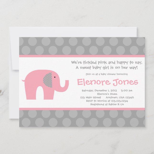 Invitación gris rosada de Baby Shower del elefante (Anverso)