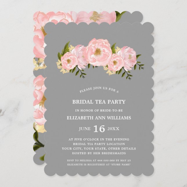 Invitación Gris | Rubor Pink Peonies Bridal Tea Fiesta (Anverso / Reverso)