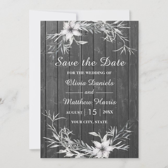 Invitación Gris rústico. Boda granero de madera Save the Date (Anverso)