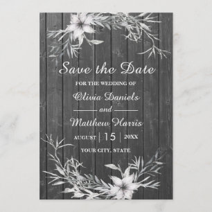 Invitación Gris rústico. Boda granero de madera Save the Date