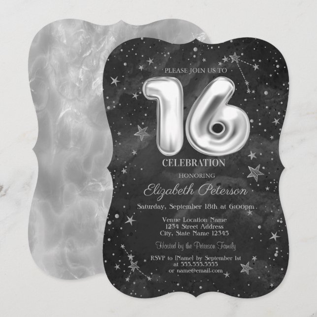 Invitación Gris Stars Sweet 16 (Anverso / Reverso)