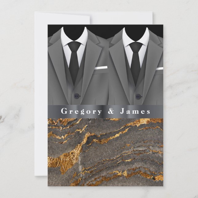 Invitación Gris Tuxedos White Handkerhead Gold Mármol Negro (Anverso)