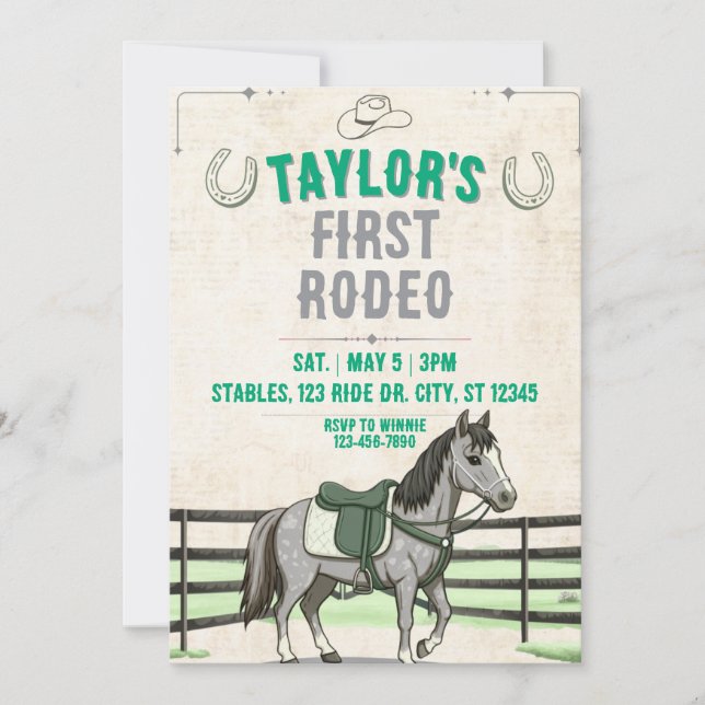 Invitación Gris verde 1 Rodeo con cumpleaños de caballo (Anverso)