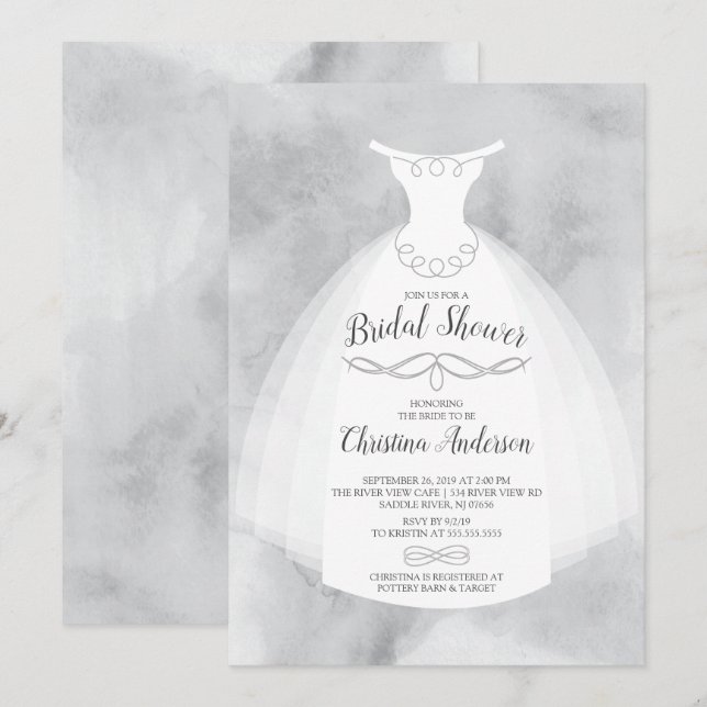 Invitación Gris Watercolor Novia Gown Bridal Shower (Anverso / Reverso)