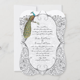 Invitación Gris Whimsical Peacock Love Bird Pattern Boda