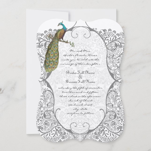 Invitación Gris Whimsical Peacock Love Bird Pattern Boda (Anverso)