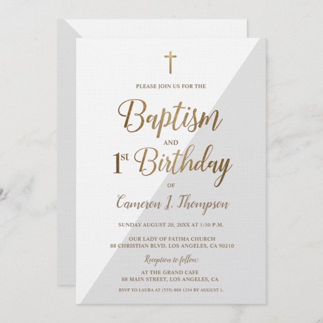 Invitación Gris White Gold Cross Baptismo Primer cumpleaños (Anverso / Reverso)