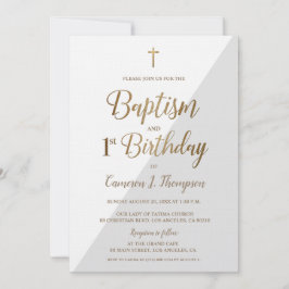 Invitación Gris White Gold Cross Baptismo Primer cumpleaños