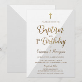 Invitación Gris White Gold Cross Baptismo Primer cumpleaños