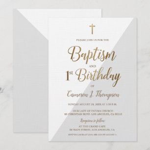 Invitación Gris White Gold Cross Baptismo Primer cumpleaños