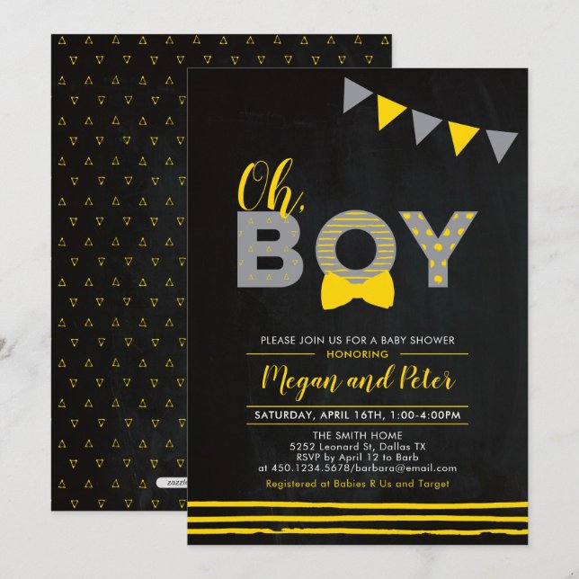 Invitación Gris y amarillo | Chalkboard "Oh Boy" Baby Shower (Anverso / Reverso)