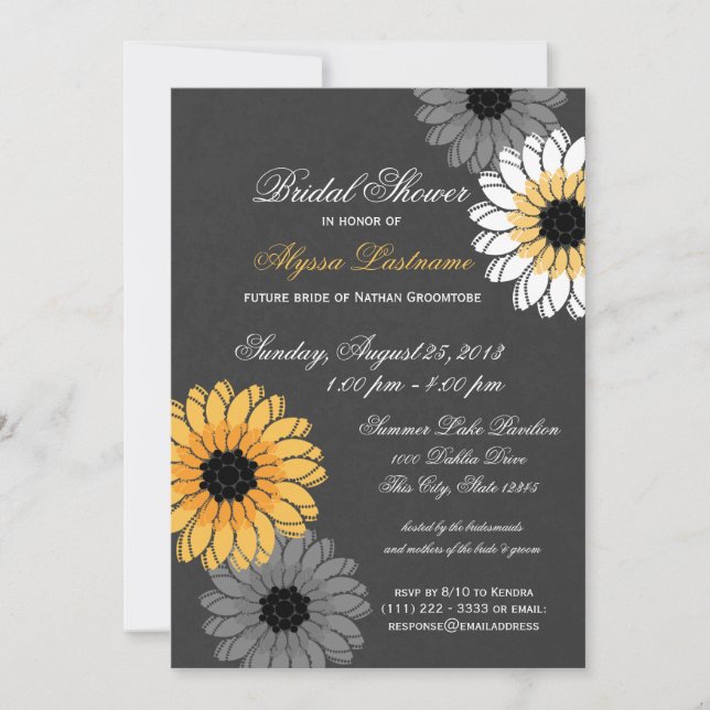 Invitación Gris y amarillos pizarra y flores ducha de novias (Anverso)