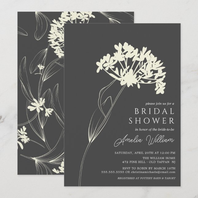 Invitación Gris y Crema Moderna Floral Bridal Shower (Anverso / Reverso)