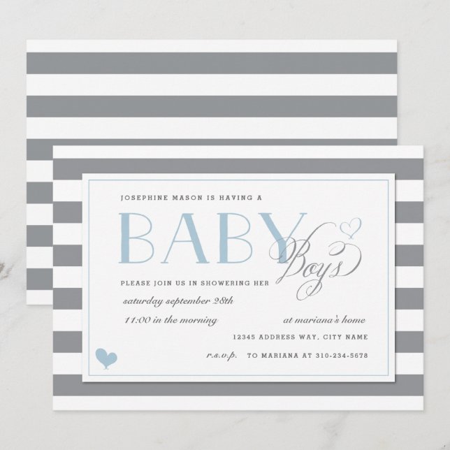 Invitación Gris y franja blanca Gris Twins Baby Boy Shower Bl (Anverso / Reverso)