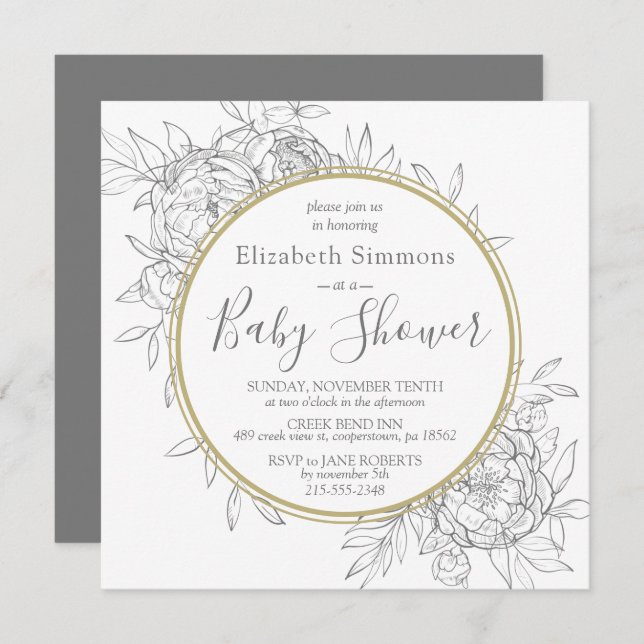 Invitación Gris y Gold Peony Moderno Floral Toile Baby Shower (Anverso / Reverso)