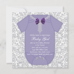 Invitación Gris y morado Damask Baby Shower
