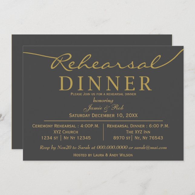 Invitación Gris y oro Elegante guión ensayo cena (Anverso / Reverso)