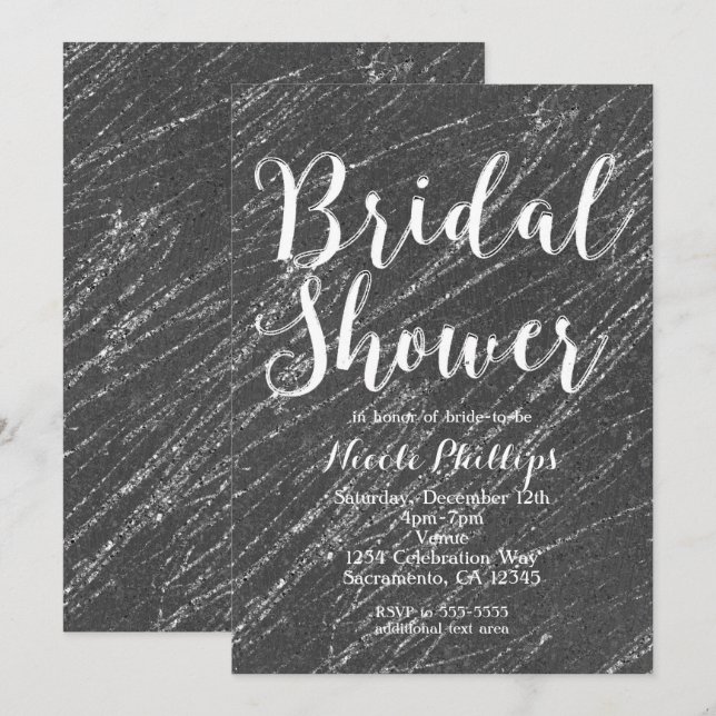 Invitación Gris y Plata Glam Huelga de Mármol Gris Ducha de n (Anverso / Reverso)