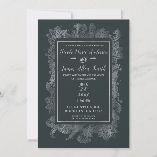 Invitación Gris y plateado brillante elegante floral boda (Anverso)