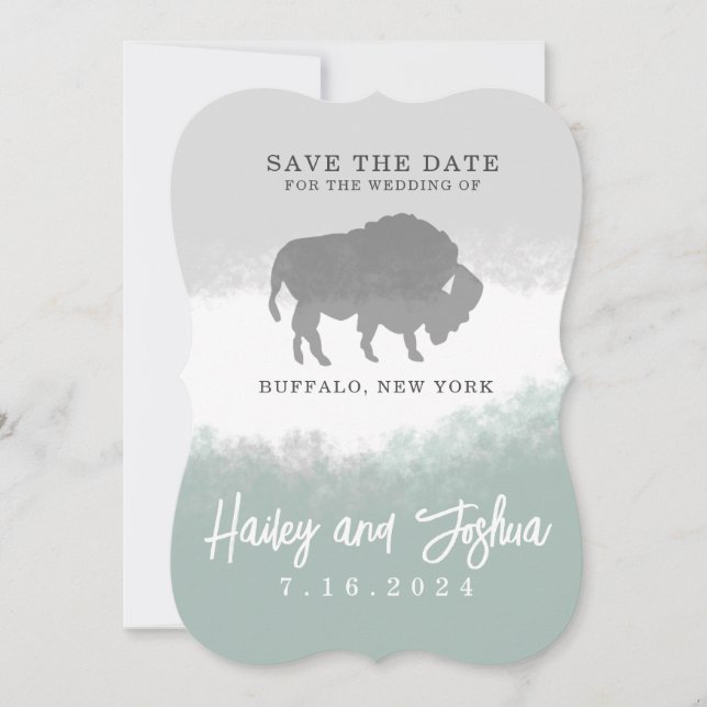 Invitación Gris y Verde Buffalo Guardar la Fecha (Anverso)