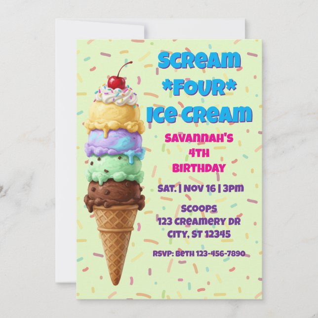 Invitación Grita CUATRO Helado, 4º Cumpleaños (Anverso)