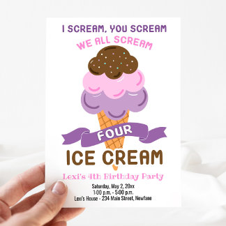 Invitación Grito cuatro helados Chica cuarto cumpleaños