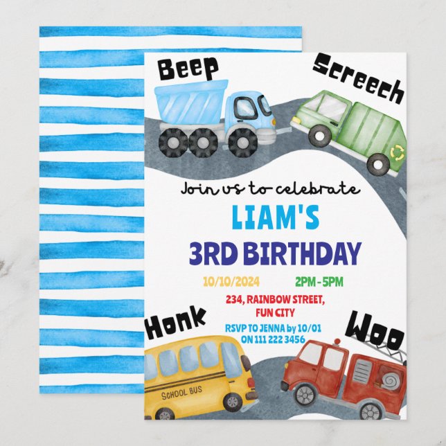 Invitación Grito de señal de transporte Woo Boy Blue Birthday (Anverso / Reverso)