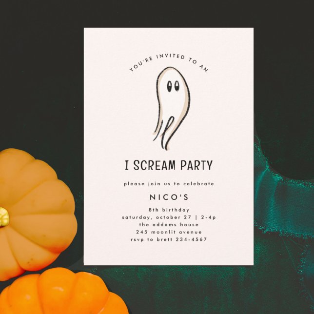 Invitación Grito Fantasma Esbozo Halloween Fiesta de Cumpleañ (Ghost illustration chic minimal I Scream Halloween party invitation.)