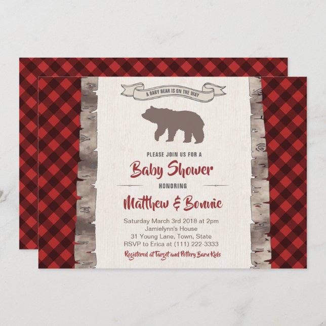 Invitación Grizzly Bear Cub Winter Plaid Baby Shower (Anverso / Reverso)