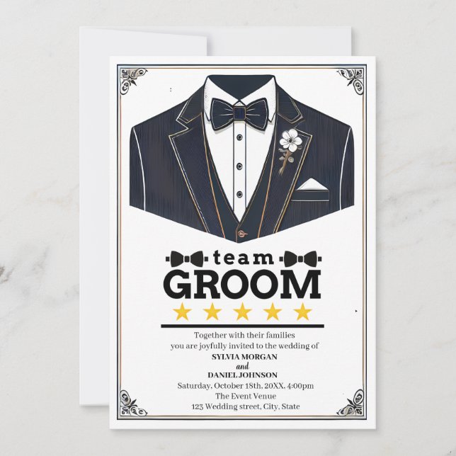Invitación Groom del equipo de texto clásico elegante en blan (Anverso)