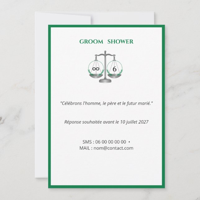 Invitación Groom Shower  - Vert Émeraude et Gris Anthracite (Reverso)