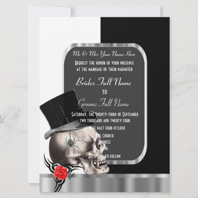 Invitación Groom Skull gótico negro y blanco (Anverso)