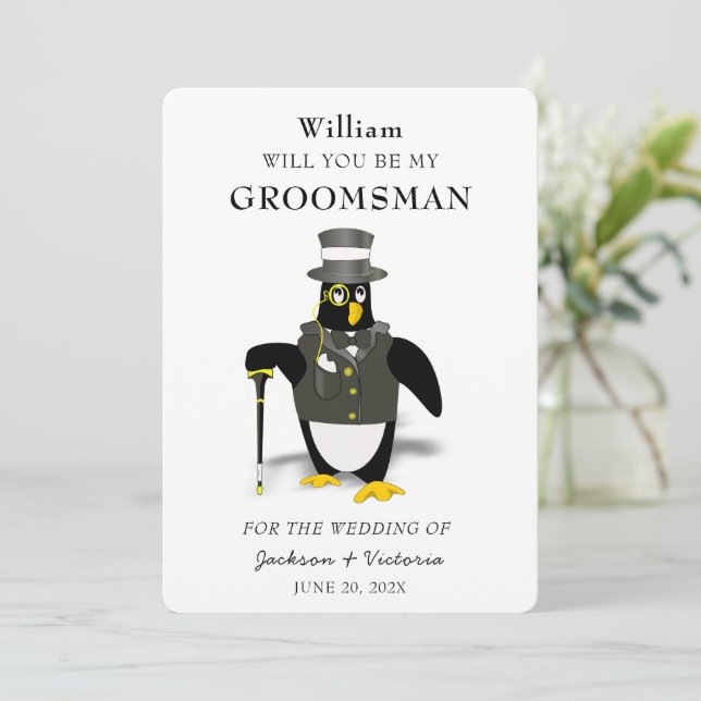 Invitación Groomsman de penguin Tuxedoed con estilo (Anverso de pie)