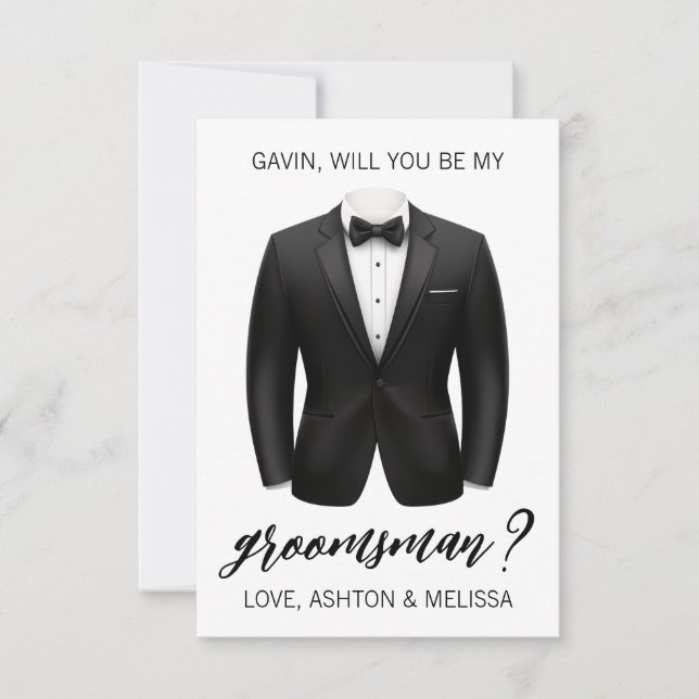 Invitación Groomsman Proposal Card, Black Tuxedo, Suit Jacket (Anverso)