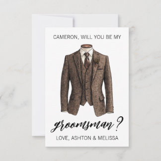 Invitación Groomsman Proposal Card, Brown Tweed Suit Jacket
