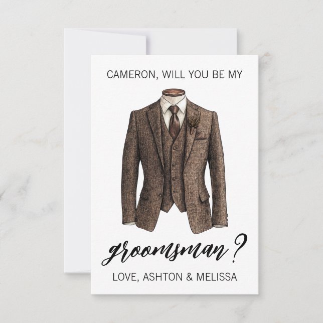 Invitación Groomsman Proposal Card, Brown Tweed Suit Jacket (Anverso)