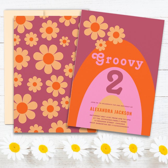 Invitación Groovy 2 Arch Retro Floral Fiesta de Cumpleaños 2 (Groovy 2 retro arch vintage floral pink orange and yellow 2nd birthday party invitation )