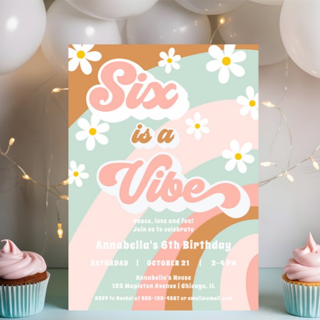 Invitación Groovy 6º cumpleaños Seis es una margarita retro d (Subido por el creador)