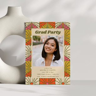 Invitación Groovy 70s Foto de Graduación Vintage Floral Naran