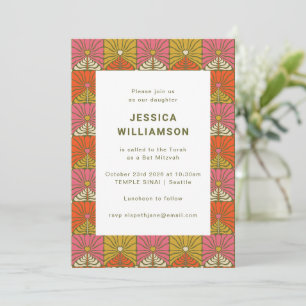 Invitación Groovy 70s Vintage Rosa Amarillo Floral Bat Mitzva