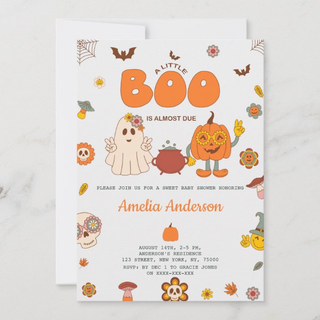 Invitación Groovy A Little Boo Se Debe Halloween Baby Shower (Anverso)