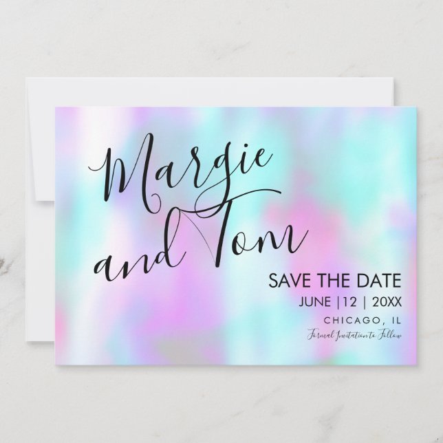 Invitación Groovy Abstract Script Salva la Fecha Rosa Azul (Anverso)