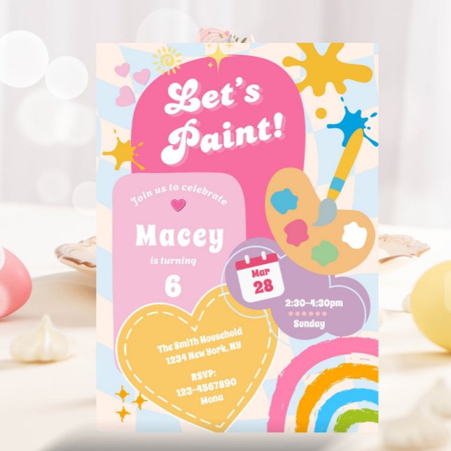Invitación Groovy Art Fiesta Pintura Chica del partido de cum (Painting Birthday Party Invitation, ANY AGE, Daisy Paint Party Birthday Invite, Retro Girl, Paint Bi)