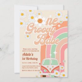 Invitación Groovy Babe Pink Van Daisy Rainbow Primer cumpleañ