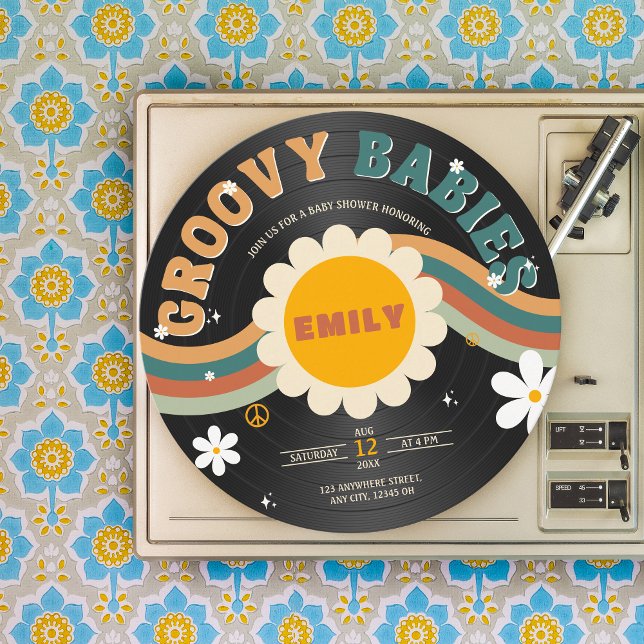 Invitación Groovy Babies Retro Vinyl Record Twins Baby Shower (Groovy Babies Twins Baby Shower Retro )