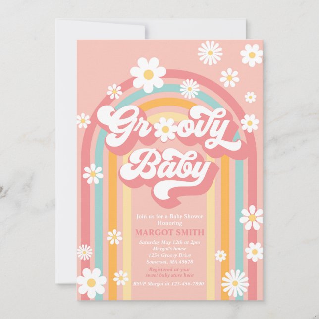 Invitación Groovy Baby Boho Daisy Rainbow Baby Shower (Anverso)
